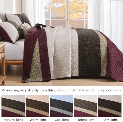 Cottolester King Size Quilt Set,Burgundy Striped Plaid Bedsperad Coverlet