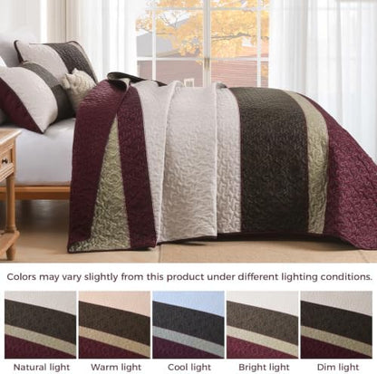 Cottolester King Size Quilt Set,Burgundy Striped Plaid Bedsperad Coverlet