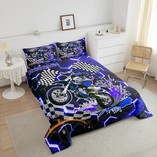 Erosebridal Racing Motorcycle Twin Comforter Set for Boys,Blue Neon Lights Honeycomb Bedding Set Dirt Bike Motocross Quilt Moto Extreme Sports Duvet Insert,Black White Lattice Buffalo Plaid Decor