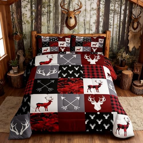 Deer Silhouette Comforter Set Twin Size,Antler Arrow Grid Stripe Design Bedding Duvet 2pcs for Kids Teens Adult Boys Girls Home Room Decoration, Camouflage Christmas Style Red Quilt Set