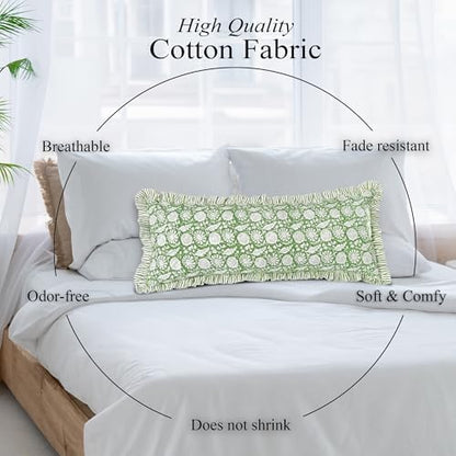 CPC Block Print Olive Bloom Ruffle Cotton Lumbar Pillow Cover 14x36 inch