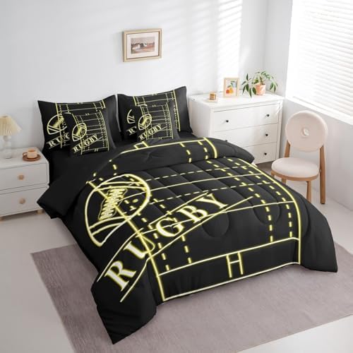 Sport Bedding Comforter Sets 7pcs Soccer Bed in a Bag for Boys, Black Yellow Full Bedding Sets Gold Gradient Neon Comforter Set, Football Themed Bedding Sets & Collections (Black Reversible)