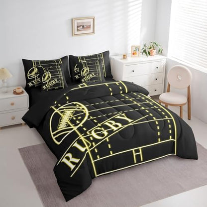 Sport Bedding Comforter Sets 7pcs Soccer Bed in a Bag for Boys, Black Yellow Full Bedding Sets Gold Gradient Neon Comforter Set, Football Themed Bedding Sets & Collections (Black Reversible)