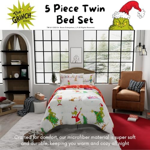 Grinch by Dr. Seuss Holiday & Christmas Bedding Soft Comforter and Sheet Set with Sham, 5 Piece Twin Size, (Official Dr. Seuss Product) by Franco