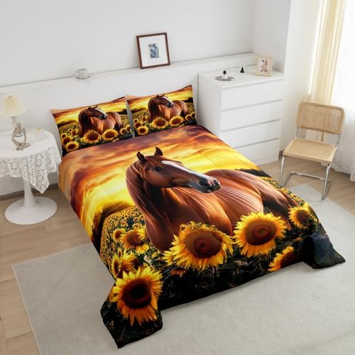 3D Horse Comforter Set for Kids Boys Wild Animal Down Comforter Girls Teen Adult Women Sunflower Quilted Duvet Brown Horse Bedding Comforters Cowboys Farmhouse Comforter with 2 Pillowcases, Queen Size