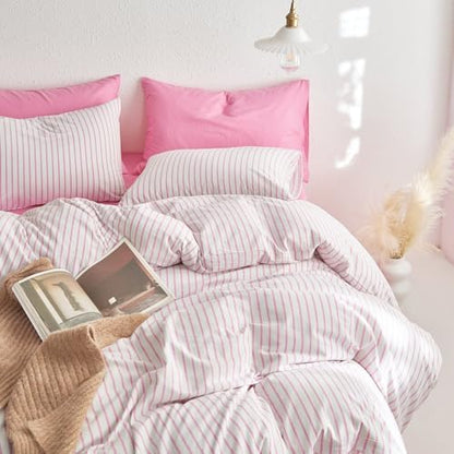 Wake In Cloud Striped Cotton Duvet Cover Set, Pink White, King