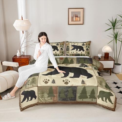 jejeloiu Bear Kids Comforter Set Full Size Wild Animal Bedding Set Rustic Cabin Country Duvet Quilt for Kids Boys Girls Bedroom Decor Microfiber Ultra Soft Breathable