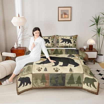 jejeloiu Bear Kids Comforter Set Full Size Wild Animal Bedding Set Rustic Cabin Country Duvet Quilt for Kids Boys Girls Bedroom Decor Microfiber Ultra Soft Breathable