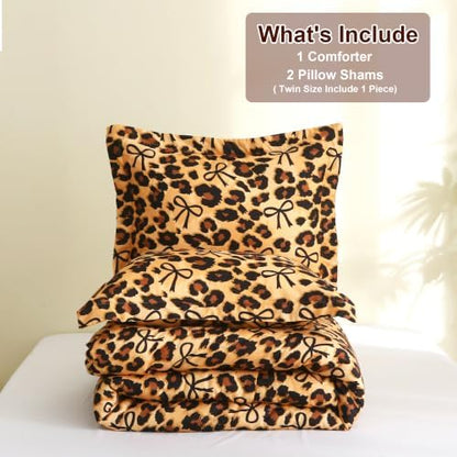 Mooreeke Twin Size Comforter Sets, Leopard Print and Bow Tie Patterned Bedding for All Seasons, 2-Piece Vintage Bed in a Bag with Fluffy Quilted Reversible Comforter & Pillow Sham