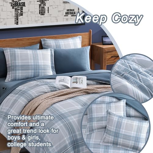 Plaid Full Size Comforter Set Light Blue 7 Pieces Farmhouse Bed in a Bag