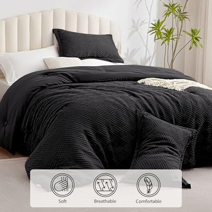 EXQ Home Waffle Comforter Queen Size - Super Soft Embossed Design Comforter Set 3 Pieces, Black 3D Diamond Pattern Bedding Set,Winter Warm Bed Set,1 Comforter with 2 Pillowcases