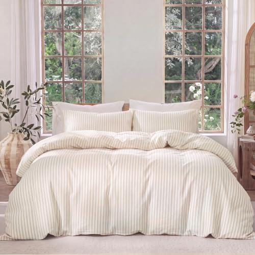 Bedbay 100% Cotton Striped Duvet Cover Set King Size, Beige Stripe Bedding, 300TC Cotton Sateen Duvet Cover, Soft Smooth Breathable Farmhouse Sateen Set, 3 Pieces