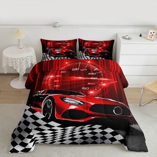 Erosebridal Red Race Car Comforter Set for Teenage Boys,Glitter Ombre Line Art Bedding Set Neon Light Sports Car Dashboard Quilt Full,Black and White Grid Lattice Buffalo Plaid Decor