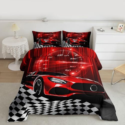 Erosebridal Red Race Car Comforter Set for Teenage Boys,Glitter Ombre Line Art Bedding Set Neon Light Sports Car Dashboard Quilt Full,Black and White Grid Lattice Buffalo Plaid Decor