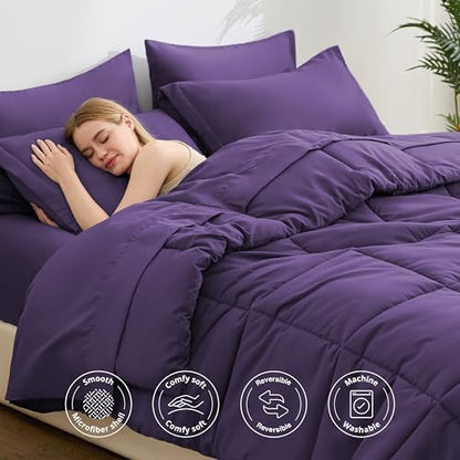 Love's cabin Twin XL Comforter Set Dark Purple, 5 Pieces Twin XL Bed in a Bag, All Season Bedding Sets with 1 Comforter, 1 Flat Sheet, 1 Fitted Sheet, 1 Pillowcase and 1 Pillow Sham