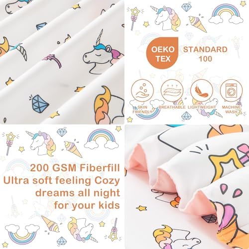 Mooreeke 4 Pieces Toddler Bedding Set - Soft Unicorn Rainbow Toddler Comforter Sets for Girls, Includes Quilted Comforter, Flat Sheet, Fitted Sheet and Pillowcase, Bed in A Bag for Baby Bedroom