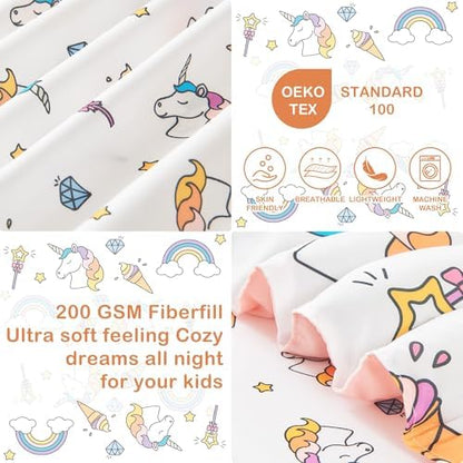 Mooreeke 4 Pieces Toddler Bedding Set - Soft Unicorn Rainbow Toddler Comforter Sets for Girls, Includes Quilted Comforter, Flat Sheet, Fitted Sheet and Pillowcase, Bed in A Bag for Baby Bedroom