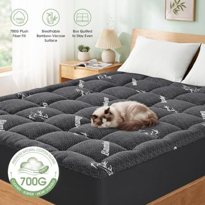 Mattress Pad Twin XL Size, Cooling Pillow Top Mattress Topper, Ultra Soft Viscose Made from Bamboo, Breathable for Hot Sleepers, Deep Pocket 8"-20", Black
