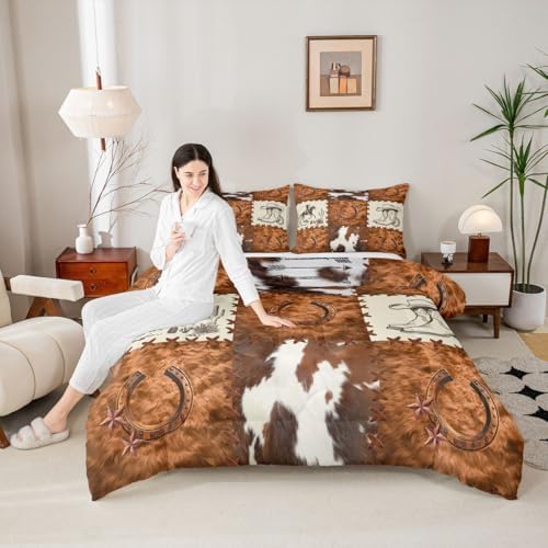 jejeloiu Cow Fur Print Kids Comforter Set Queen Size Animal Skin Bedding Set Checkered Duvet Quilt for Kids Boys Girls Bedroom Decor Microfiber Ultra Soft Breathable