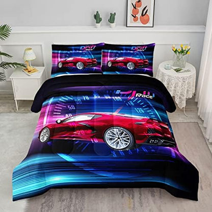 Axolotl Race Car Bedding Set Queen Size,Boys Extreme Sports Comforter for Kids Boys Racing,Red Cool Car Comforter Car Sports Quilt 1 Comforter Set with 2 Pillowcases