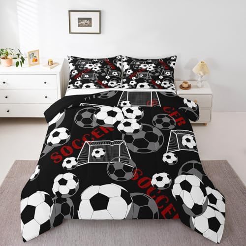 Castle Fairy Soccer Ball Games Bedding Set Twin Size Football Gate Print Comforter Set for Kids Teens Boys Room Decor Modern Sports Gaming Down Comforter Geometric Circle Quilt Set with 1 Pillowcase