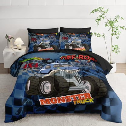 AILONEN Monster Truck Comforter Set Twin Size,7-Piece Cartoon Truck on Blue Background Theme Bed in a Bag,Comforter & Fitted Sheet with Flat Sheet & 2 Pillowcases,2 Pillow Cases for Bedroom,Soft