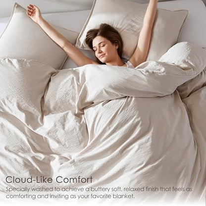 WDCOZY Beige King Size Jacquard Duvet Cover Set with Zipper Closure, Modern Washed Soft Striped Bedding, Textured Seersucker Like Cotton Linen, 1 Duvet Cover and 2 Pillow Shams, No Comforter