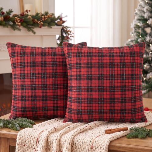 AVOIN colorlife Christmas Red Black Plaid Decorative Throw Pillow Covers, 18 x 18 Inch Holiday Scottish Tartan Cushion Case Farmhouse Decoration for Sofa Couch Set of 2