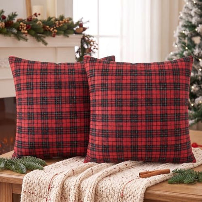 AVOIN colorlife Christmas Red Black Plaid Decorative Throw Pillow Covers, 18 x 18 Inch Holiday Scottish Tartan Cushion Case Farmhouse Decoration for Sofa Couch Set of 2