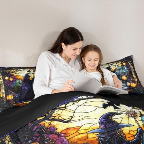 Fairy Witch Kids Comforter Set King Size,Halloween Lamp Gothic Magical Castle Bedding Set,Girls Boys Room Decor,Geometric Patchwork Glass Painting Quilt Comforter,Retro Duvet Insert,2 Pillowcases