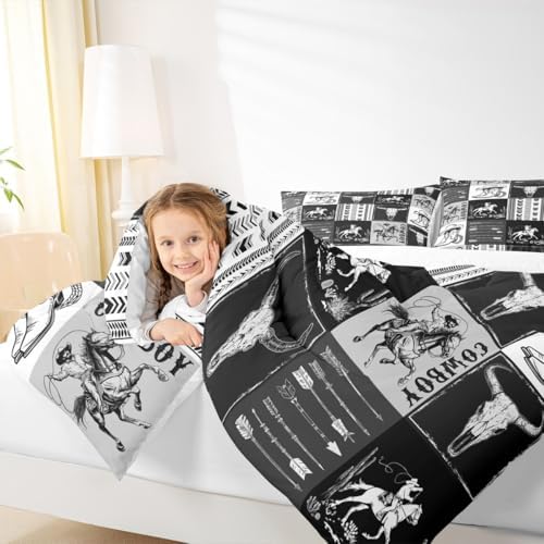 Manfei Western Cowboy Comforter Set Queen Size, Bull Skull Horse Arrow Print Bedding Set 3pcs for Kids Boys Teens Bedroom Decor, Geometric Grid Black Plaid Print Quilt Set with 2 Pillowcases