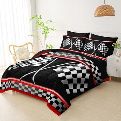 QOOMO Race Car 7 Pieces Comforter Set Queen,Racing Bedding Set for Kids