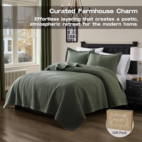 WDCOZY Olive Green Queen Size Quilt Set, Striped Pick Stitch Bedspread