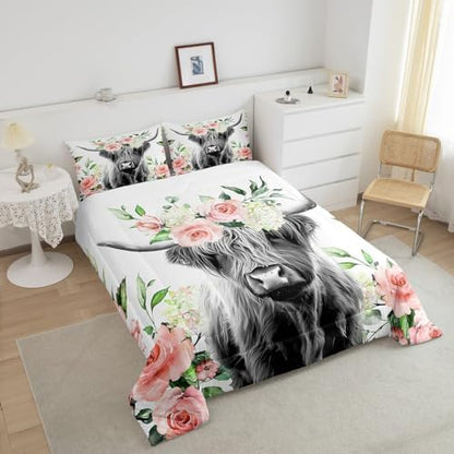 Feelyou Highland Cow Bedding Set Kids Rose Floral Bull Cattle Comforter Set for Girls Teens Western Wildlife Animal Comforter Farmhouse Duvet Set Room Decor Quilt Set Queen Size
