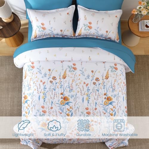 Teal Floral Comforter Set Full Size,7 Piece Cute Blue Bedding for Girls