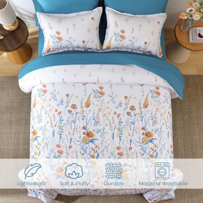 Teal Floral Comforter Set Full Size,7 Piece Cute Blue Bedding for Girls