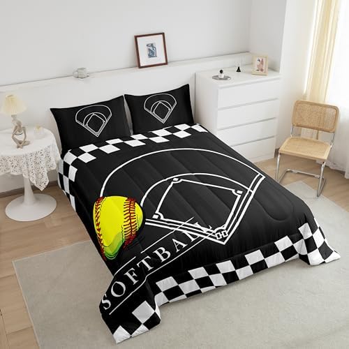 Erosebridal Kids Softball Bedding Set Full for Boys Girls Ball Sports Comforter Set, Black White Softball Field Duvet Insert Geometric Grid Checkered Quilt Set, Ball Game Quilted Comforter
