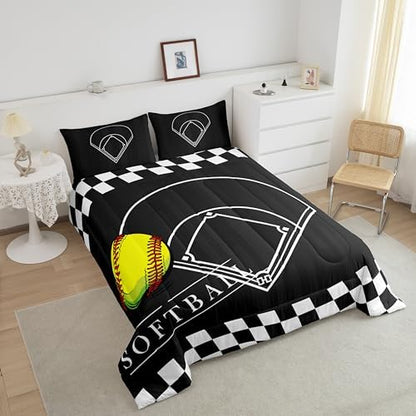 Erosebridal Kids Softball Bedding Set Full for Boys Girls Ball Sports Comforter Set, Black White Softball Field Duvet Insert Geometric Grid Checkered Quilt Set, Ball Game Quilted Comforter