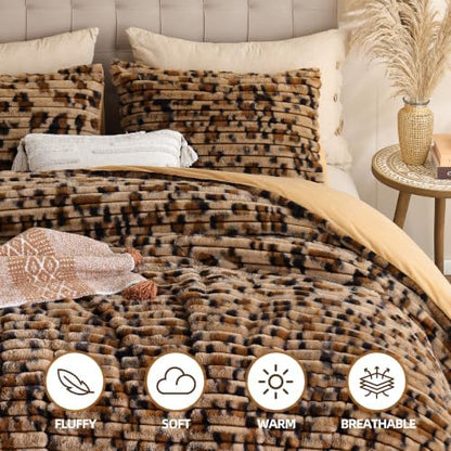 Smoofy Fluffy Full Size Comforter 3 PCS - Cheetah Brown Fleece Bedding Set