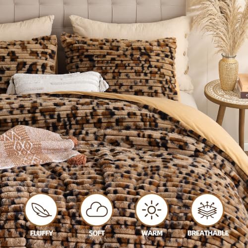 Smoofy Fluffy King Size Comforter 3 PCS - Cheetah Brown Fleece Bedding Set