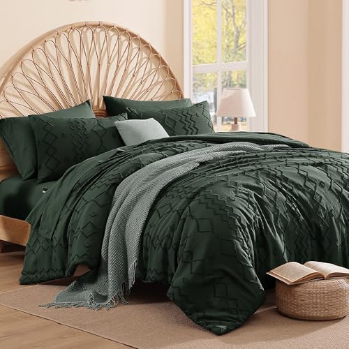 King Size Comforter Set Dark Green Tufted Boho Geometric Bedding 7 Pieces