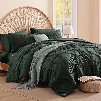 King Size Comforter Set Dark Green Tufted Boho Geometric Bedding 7 Pieces