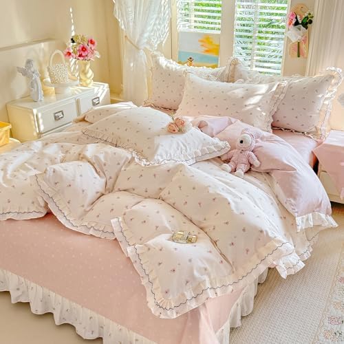 Romantic Ruffle Duvet Cover Set Twin XL, 3 Piece Cute Pink Flower Duvet Cover Girls Floral Cottagecore Bedding Set, Soft 100% Cotton Princess Lace Bedding Botanical Duvet Cover with 2 Pillowcases