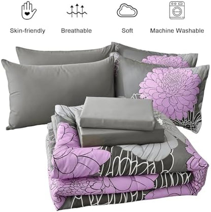 Yiran 7 Pieces Bed in a Bag Comforter Set Queen Size Grey Purple Bedding Sets Floral Soft Microfiber Comforter for All Seasons 90"×90"