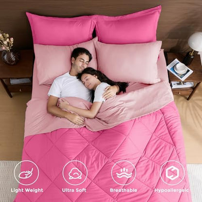 HEVUMYI 7-Piece California King Comforter Set, Hot Pink & Baby Pink Bed in a Bag