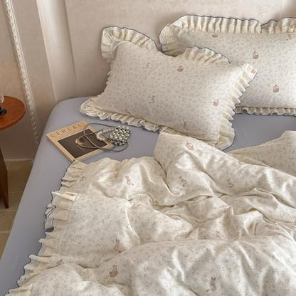VM VOUGEMARKET Girl's Romantic Ruffle Lace Duvet Cover Queen Vintage Flower with Cute Rabbit Comforter Cover Muslin Cotton Linen Like Gauze Princess Bedding Set