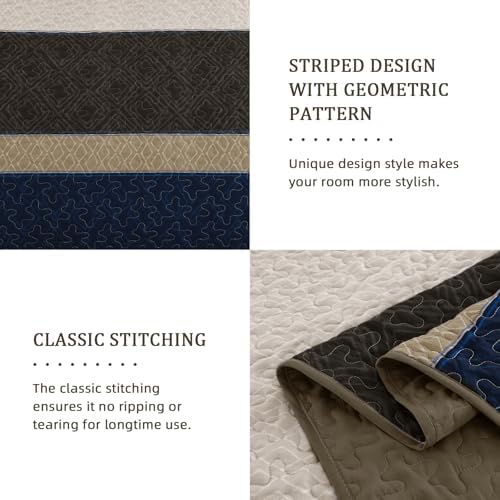 Cottolester Quilt Set Queen,Brown Blue Striped Plaid Bedspread Coverlet Set