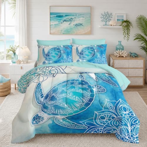 HOSIMA 7Pcs Sea Turtle Full Comforter Set Ocean Themed Animal Bedding.