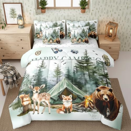 Erosebridal 7 Piece RV Camper Full Bedding Set for Camping Decor,Forest Bear Fox Deer Kids Comforter Set,Woodland Animal Quilt Bed Set,Travel Trailer Bunk Bedding Sets with Sheets,Pillowcases