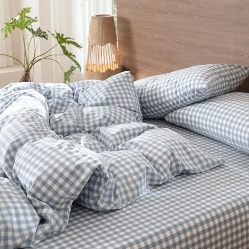 MooMee Gingham Duvet Cover Set 100% Washed Cotton Linen Like